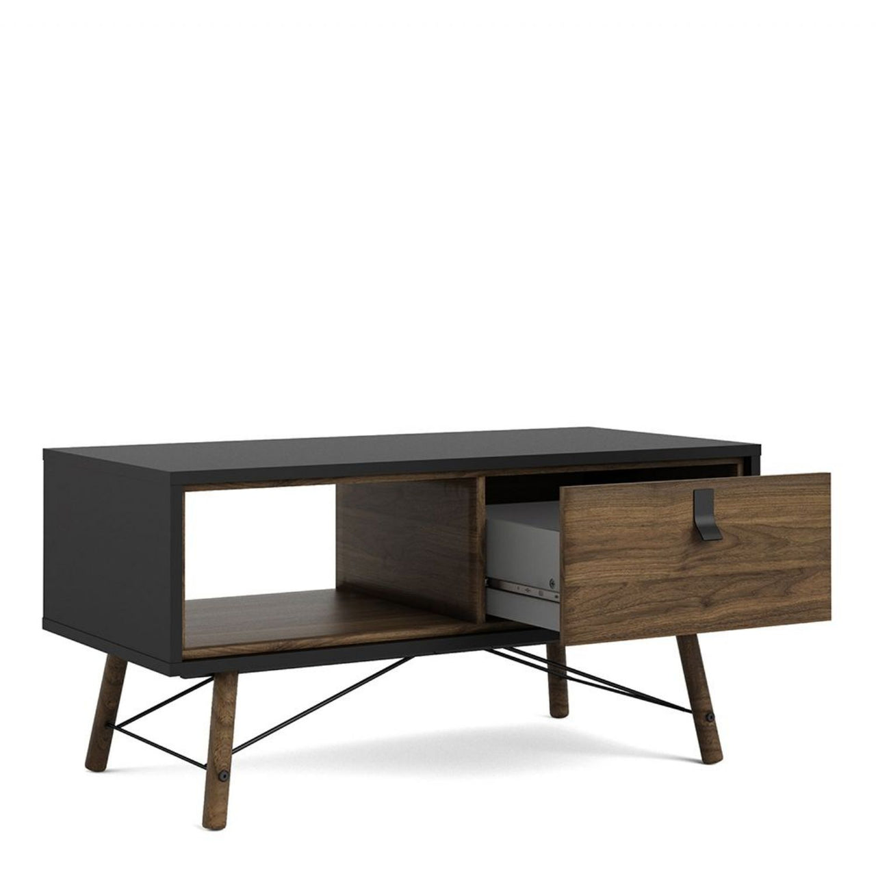 Matt Black Walnut 1 Drawer Coffee Table With Shelf