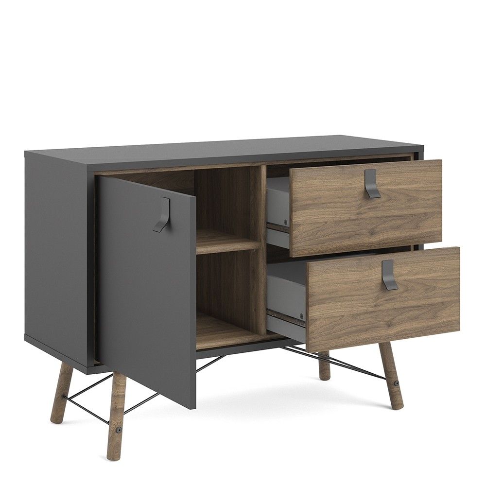 Industrial Sideboard 1 Door 2 Drawers in Matt Black Walnut 100cm Wide