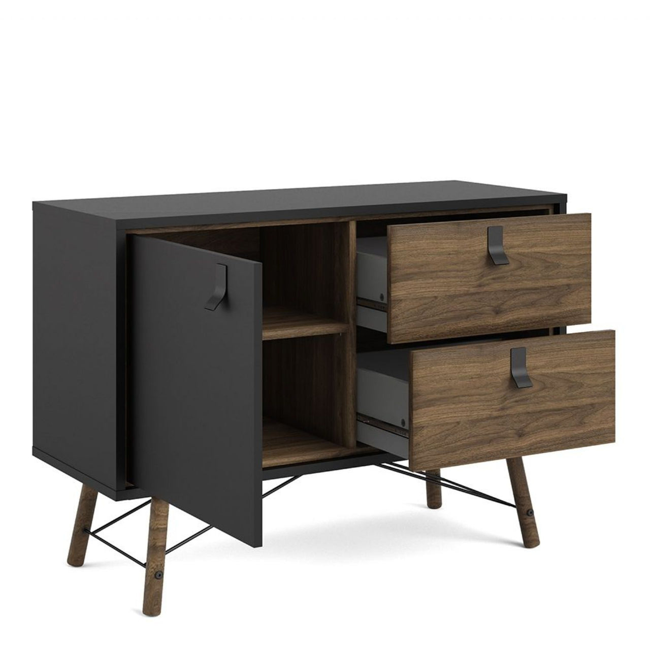 Industrial Sideboard 1 Door 2 Drawers in Matt Black Walnut 100cm Wide