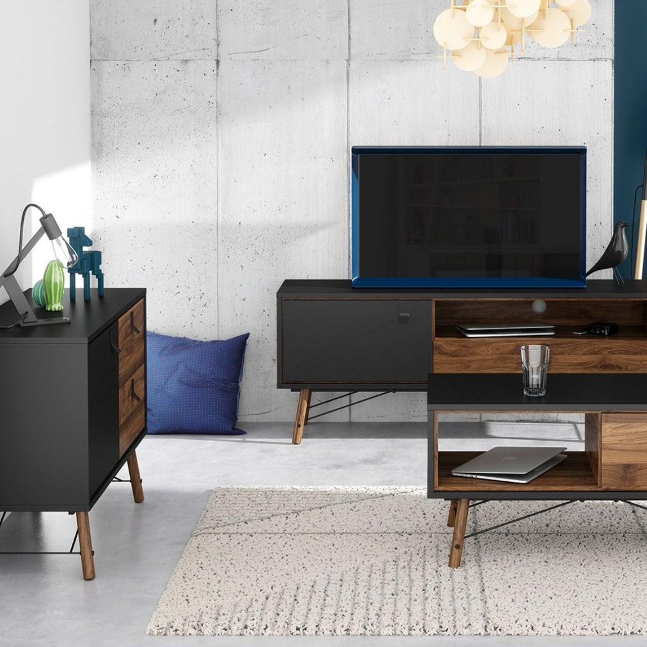 Industrial Sideboard 1 Door 2 Drawers in Matt Black Walnut 100cm Wide