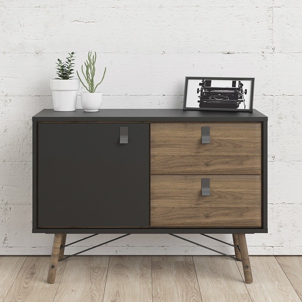 Industrial Sideboard 1 Door 2 Drawers in Matt Black Walnut 100cm Wide