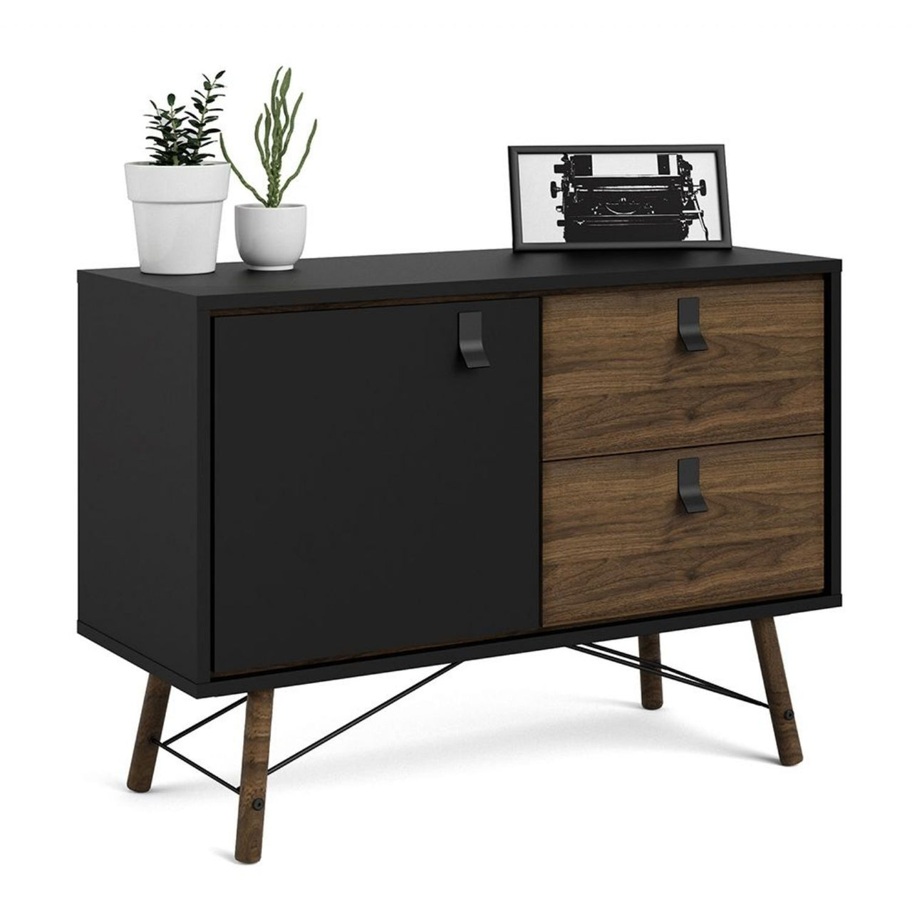 Industrial Sideboard 1 Door 2 Drawers in Matt Black Walnut 100cm Wide