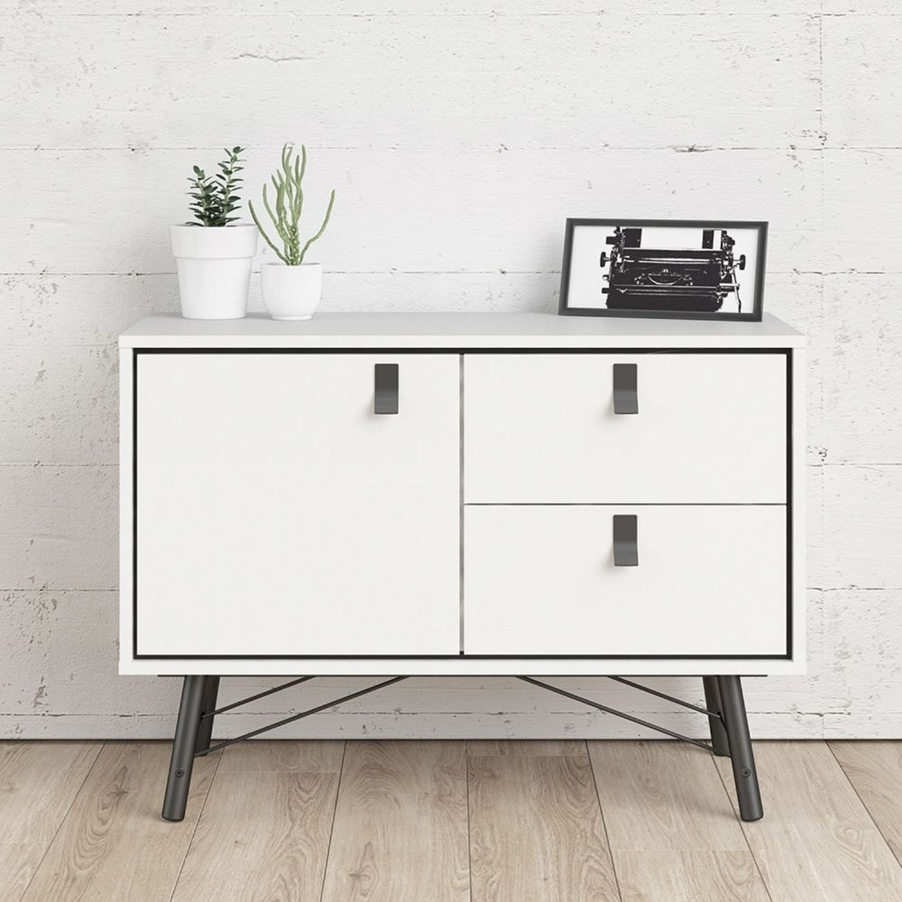 Industrial Matt White 1 Door 2 Drawer Sideboard