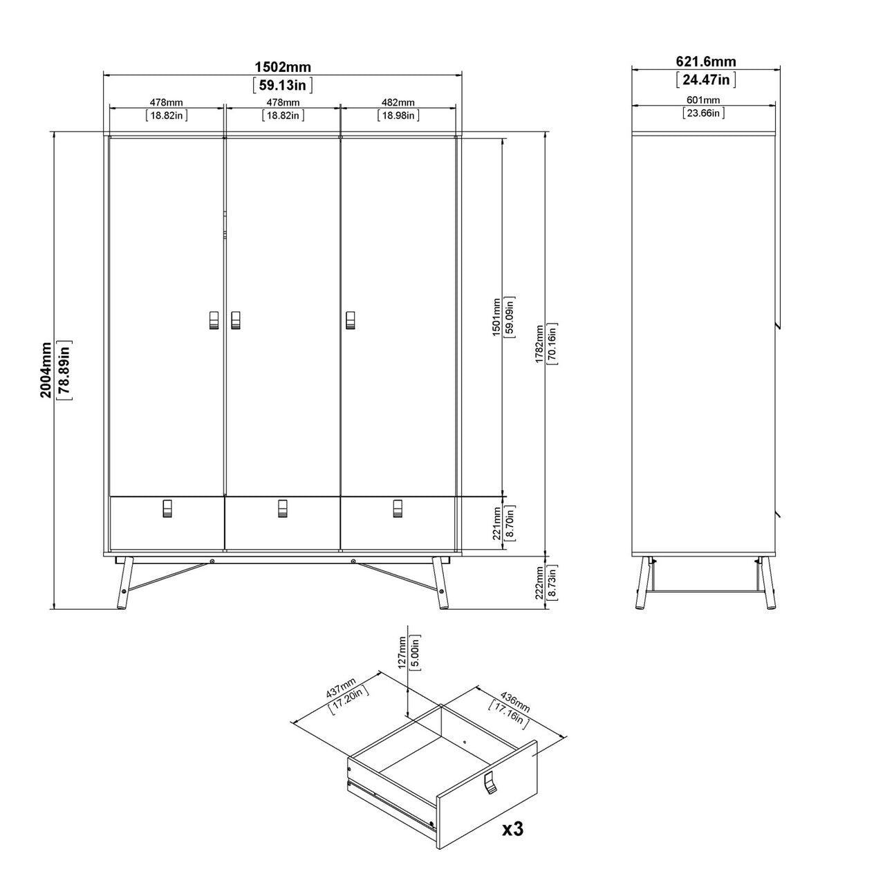 Matt Black Walnut 3 Door Triple Wardrobe 3 Drawers with Shelves 150cm Wide