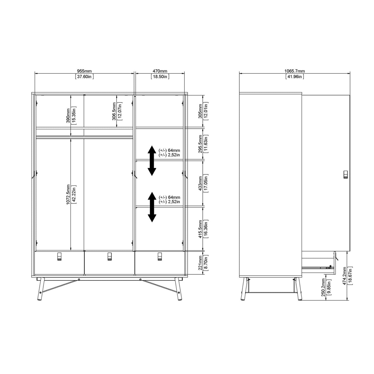 Matt Black Walnut 3 Door Triple Wardrobe 3 Drawers with Shelves 150cm Wide