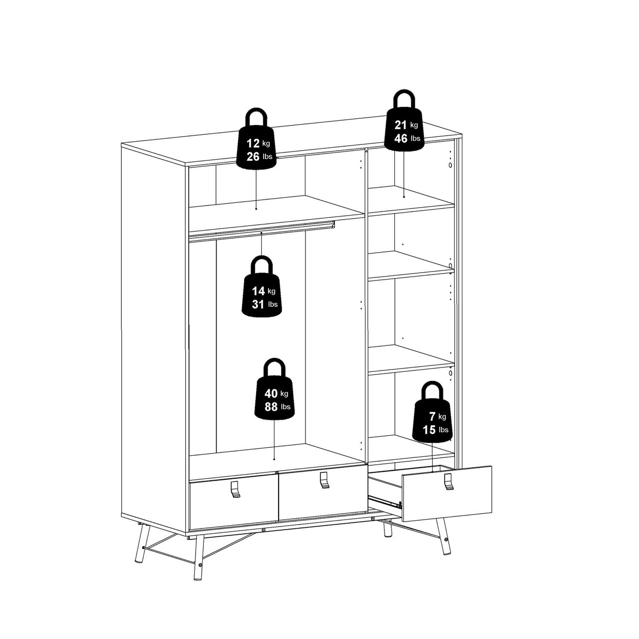 Matt Black Walnut 3 Door Triple Wardrobe 3 Drawers with Shelves 150cm Wide