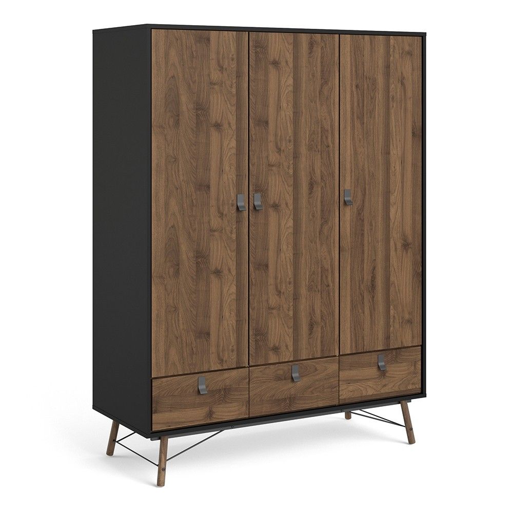 Matt Black Walnut 3 Door Triple Wardrobe 3 Drawers with Shelves 150cm Wide