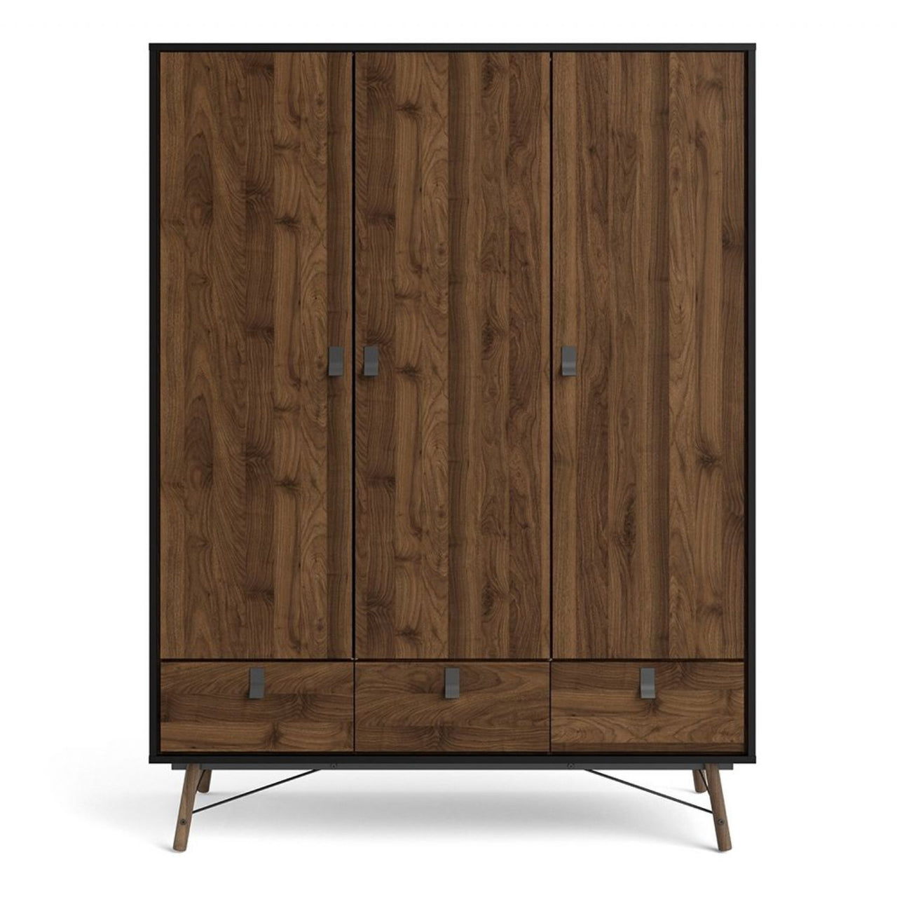 Matt Black Walnut 3 Door Triple Wardrobe 3 Drawers with Shelves 150cm Wide