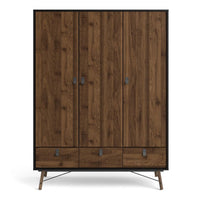 Thumbnail for Matt Black Walnut 3 Door Triple Wardrobe 3 Drawers with Shelves 150cm Wide