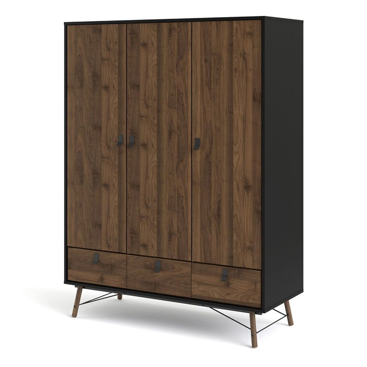 Matt Black Walnut 3 Door Triple Wardrobe 3 Drawers with Shelves 150cm Wide