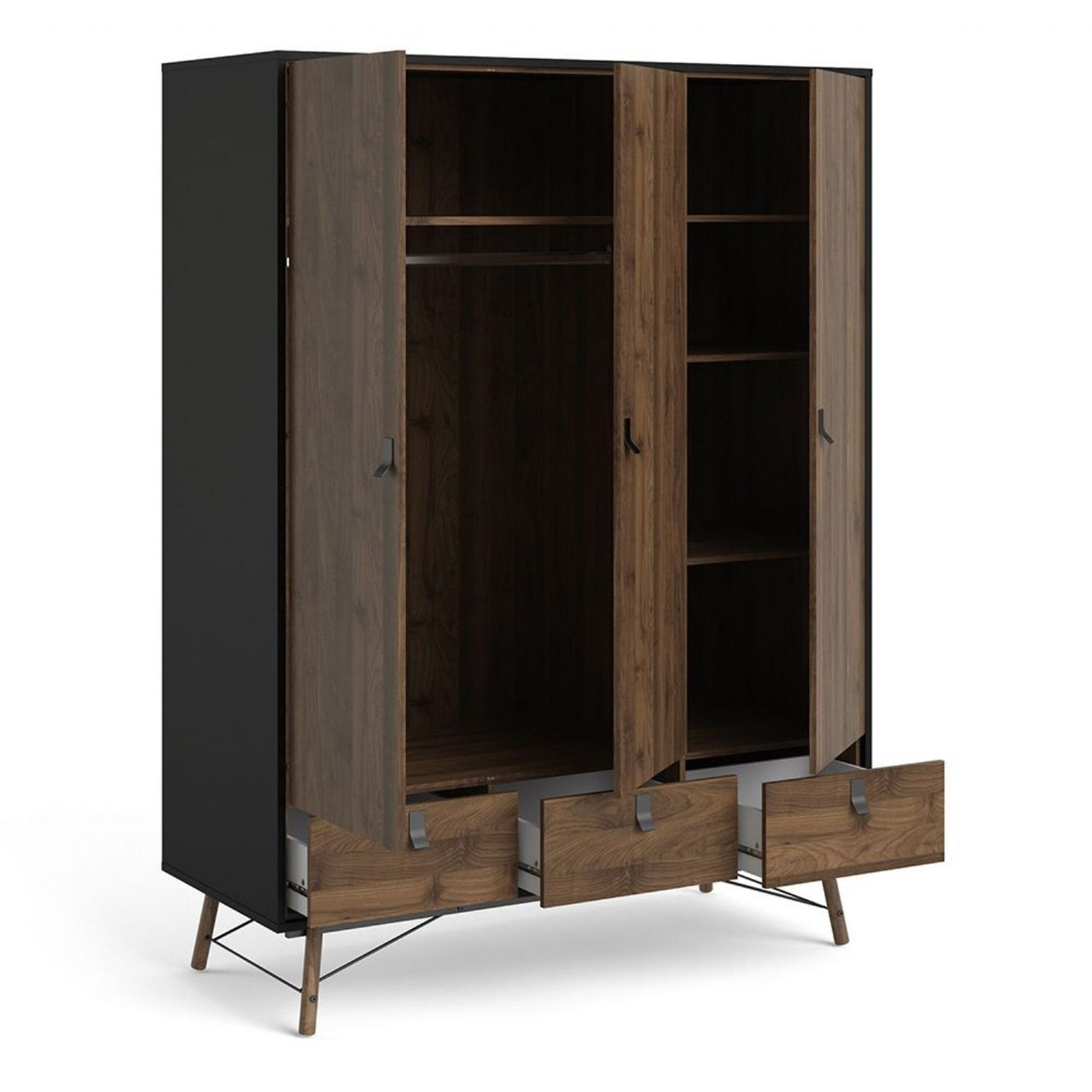 Matt Black Walnut 3 Door Triple Wardrobe 3 Drawers with Shelves 150cm Wide