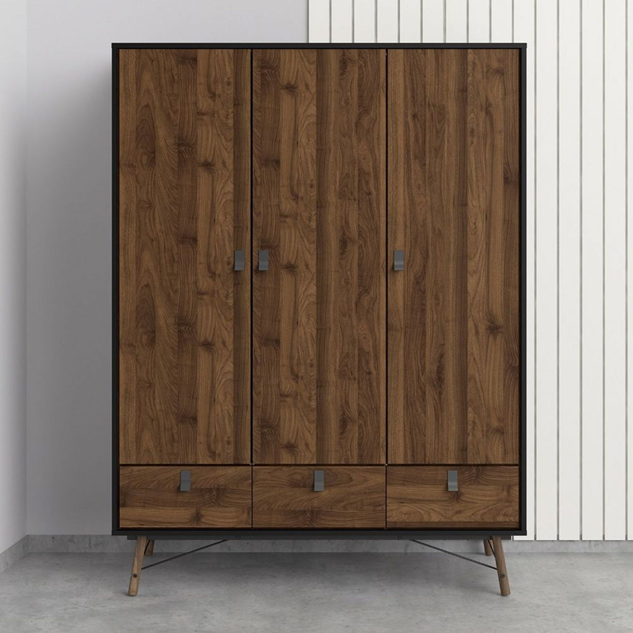 Matt Black Walnut 3 Door Triple Wardrobe 3 Drawers with Shelves 150cm Wide