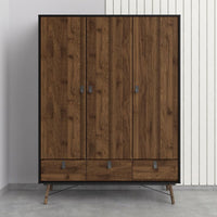 Thumbnail for Matt Black Walnut 3 Door Triple Wardrobe 3 Drawers with Shelves 150cm Wide