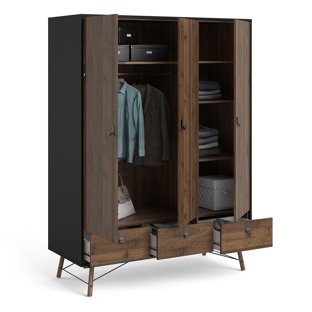 Matt Black Walnut 3 Door Triple Wardrobe 3 Drawers with Shelves 150cm Wide