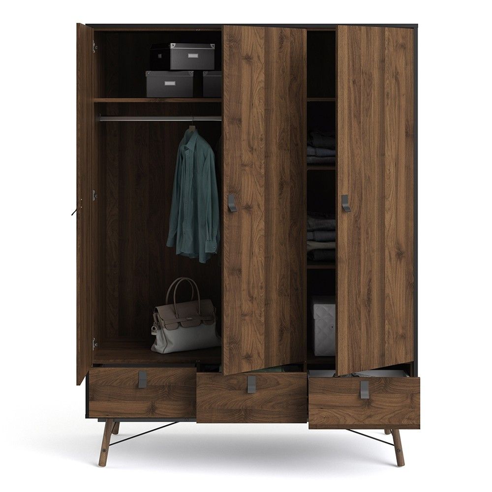 Matt Black Walnut 3 Door Triple Wardrobe 3 Drawers with Shelves 150cm Wide