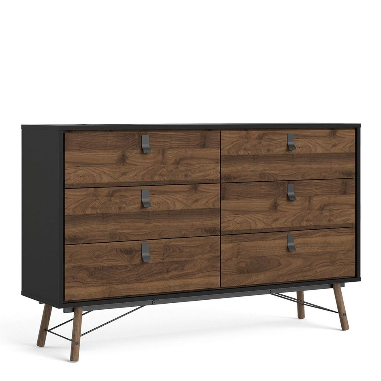 Matt Black Walnut 6 Drawer Double Chest With Unique Black Handles