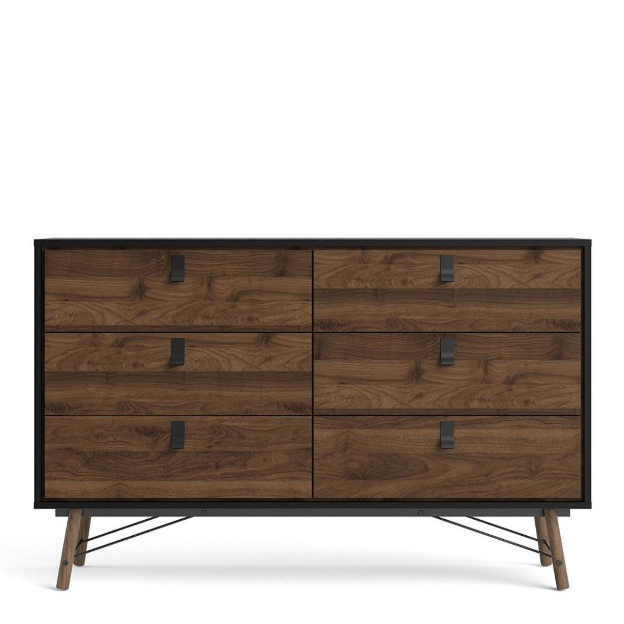 Matt Black Walnut 6 Drawer Double Chest With Unique Black Handles