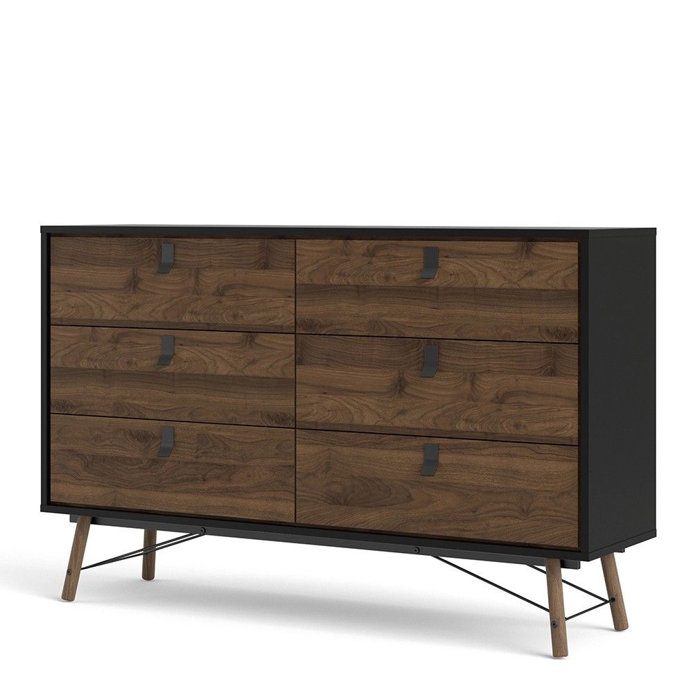 Matt Black Walnut 6 Drawer Double Chest With Unique Black Handles