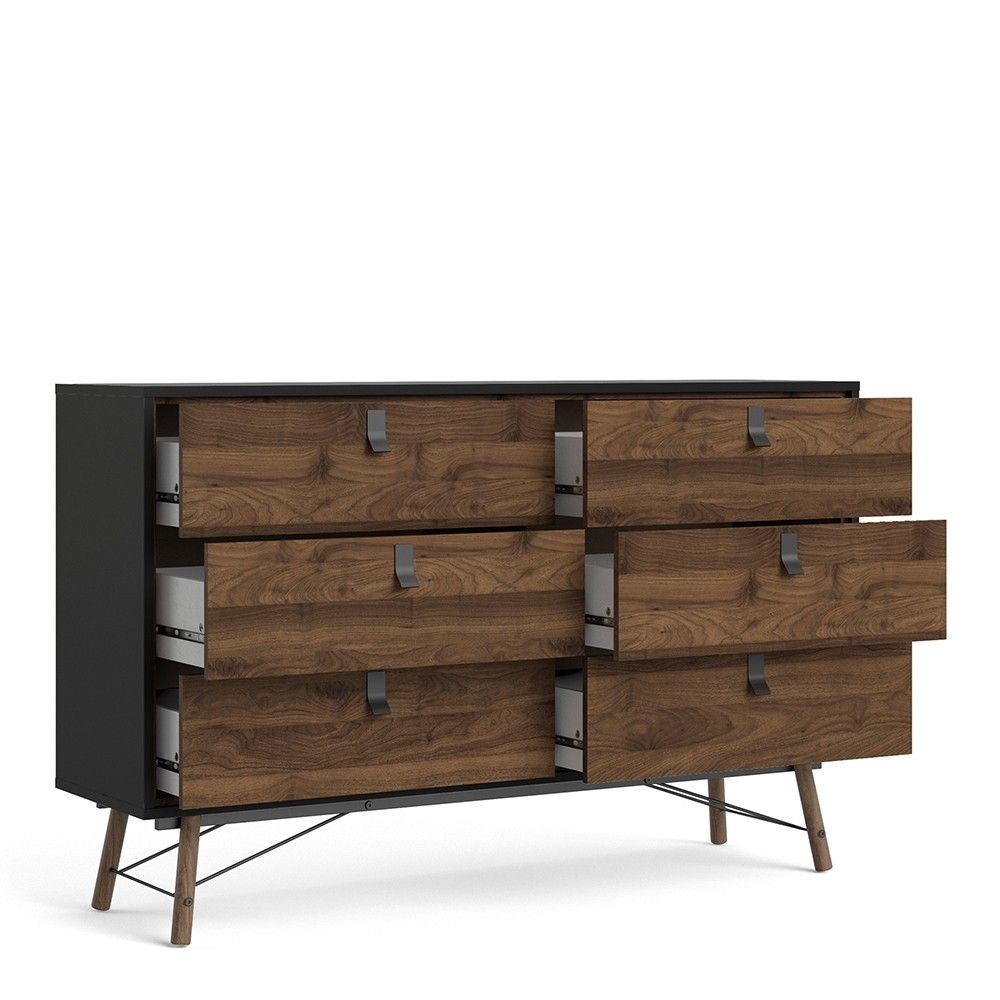 Matt Black Walnut 6 Drawer Double Chest With Unique Black Handles