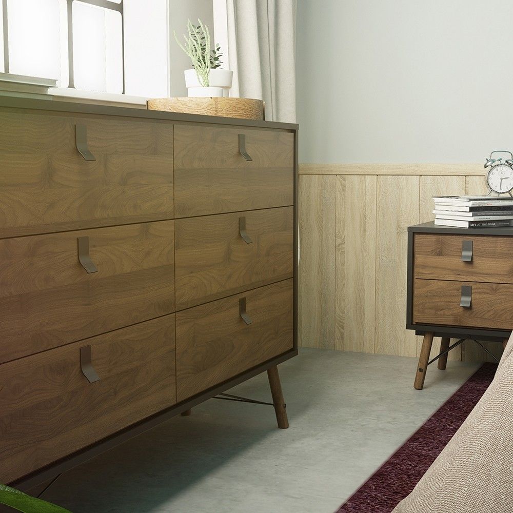 Matt Black Walnut 6 Drawer Double Chest With Unique Black Handles