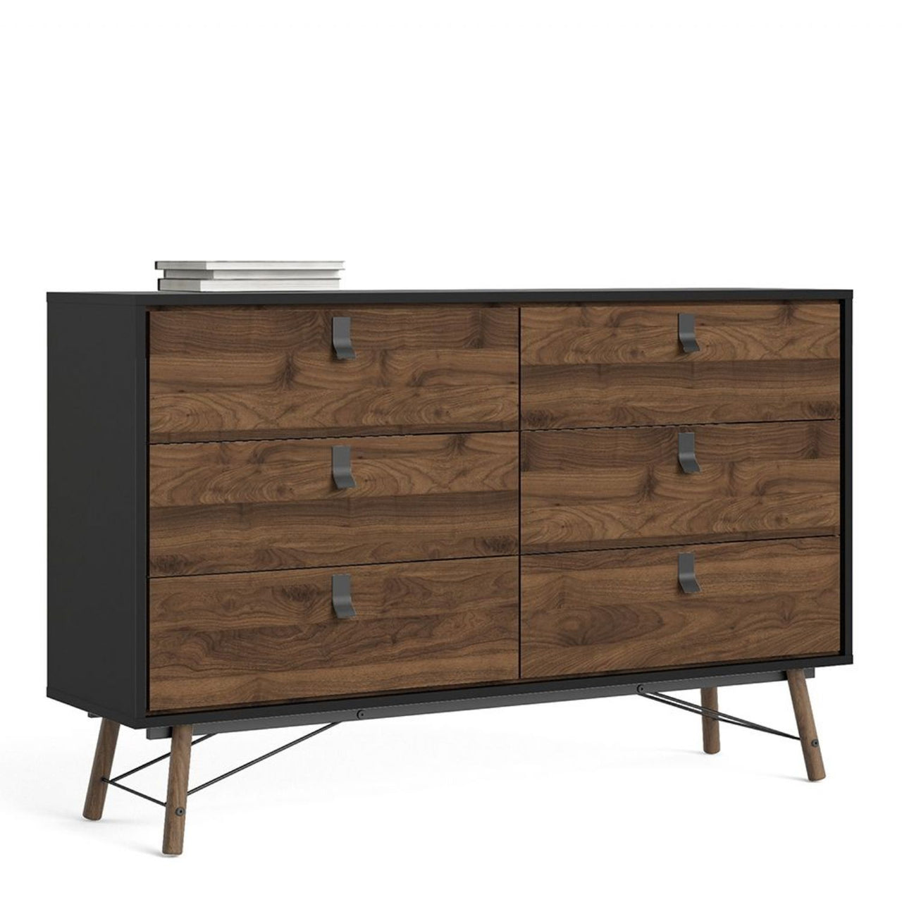 Matt Black Walnut 6 Drawer Double Chest With Unique Black Handles