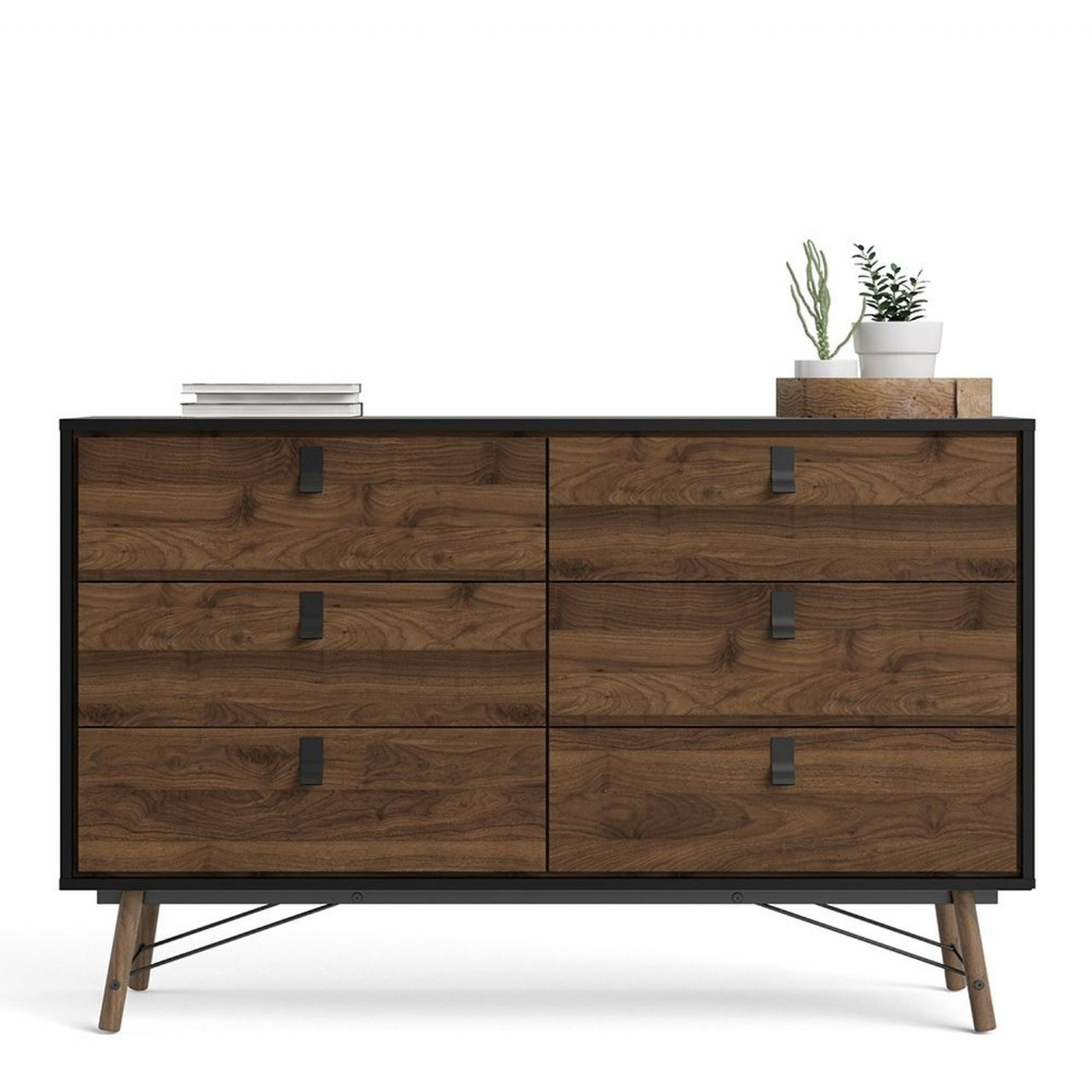 Matt Black Walnut 6 Drawer Double Chest With Unique Black Handles