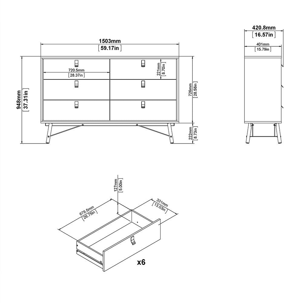 Wide Matt White 6 Drawer Double Chest With Black Handles