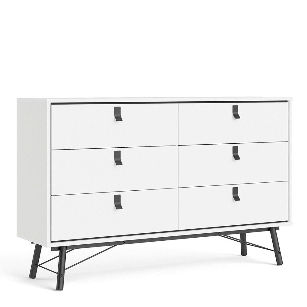 Wide Matt White 6 Drawer Double Chest With Black Handles