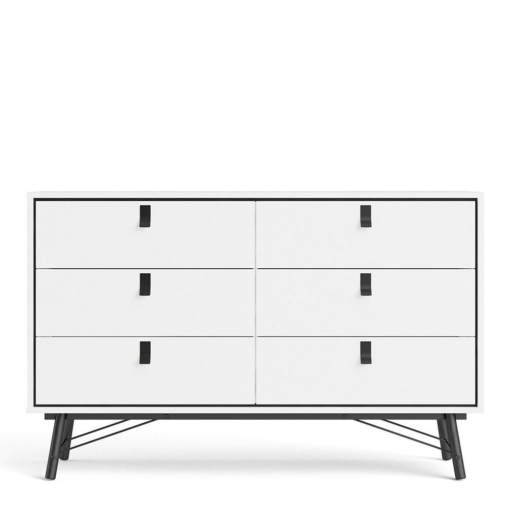 Wide Matt White 6 Drawer Double Chest With Black Handles