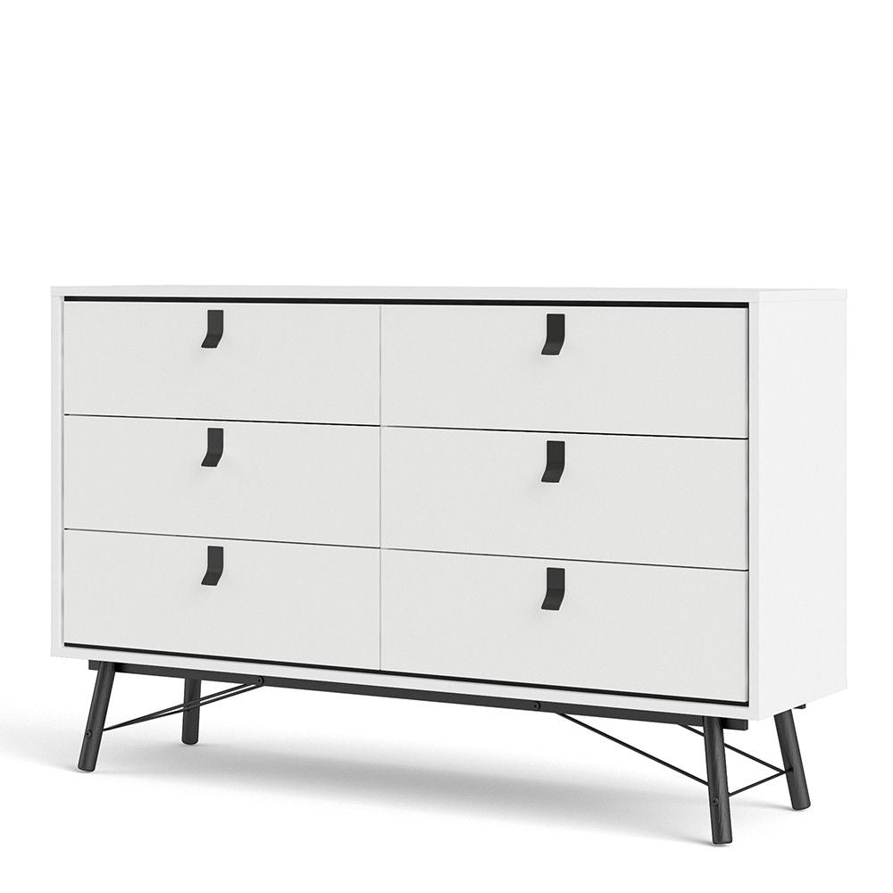 Wide Matt White 6 Drawer Double Chest With Black Handles