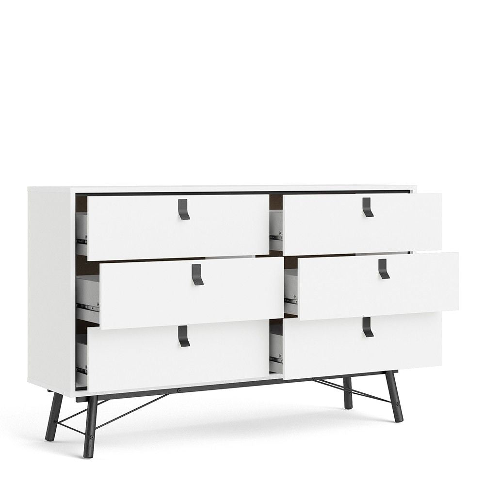 Wide Matt White 6 Drawer Double Chest With Black Handles