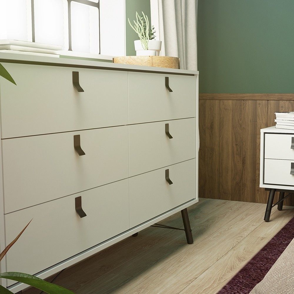 Wide Matt White 6 Drawer Double Chest With Black Handles