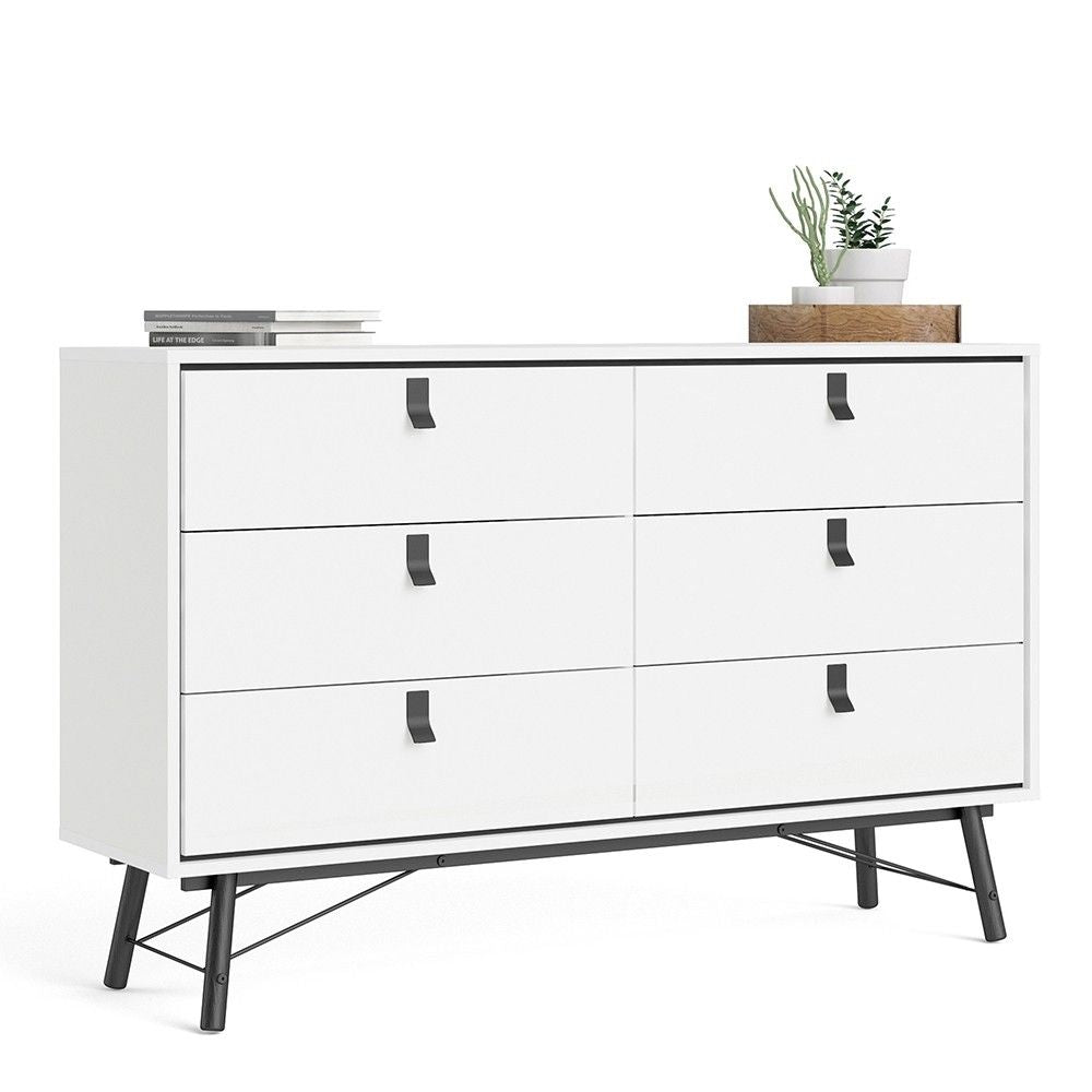 Wide Matt White 6 Drawer Double Chest With Black Handles