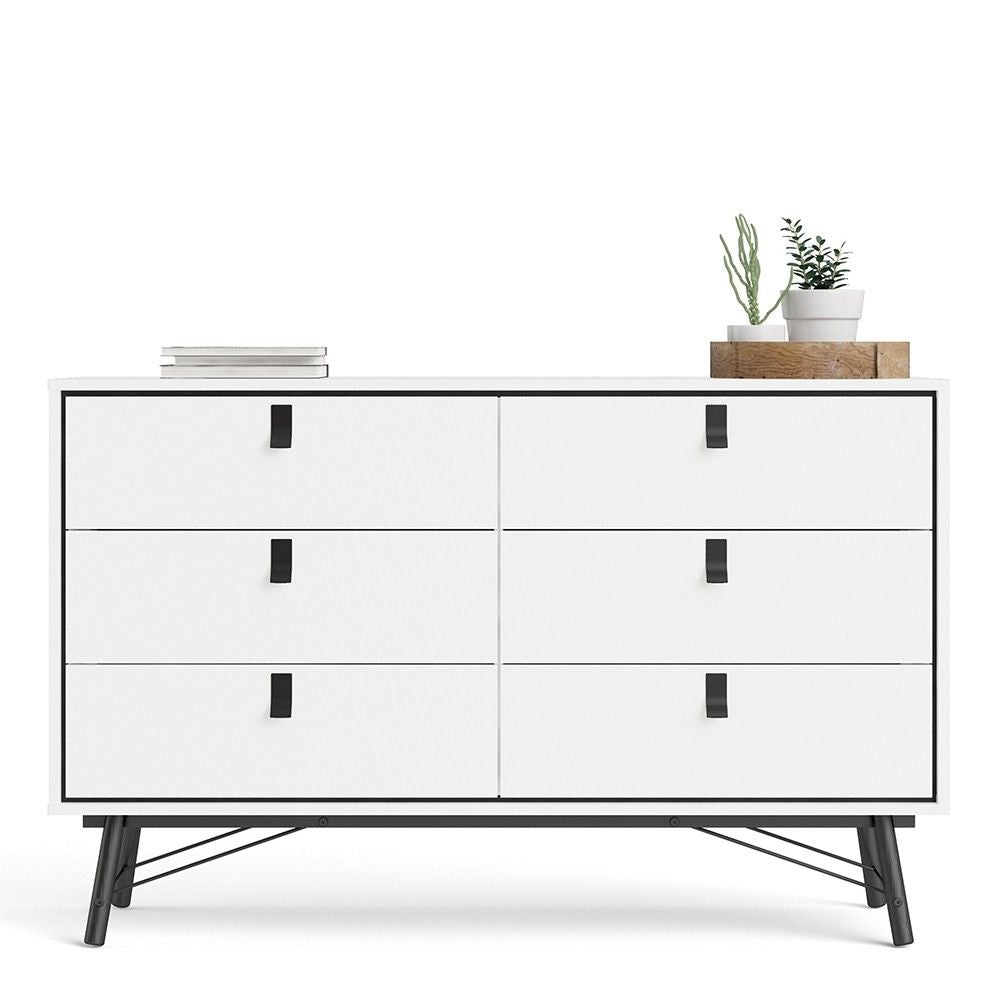 Wide Matt White 6 Drawer Double Chest With Black Handles