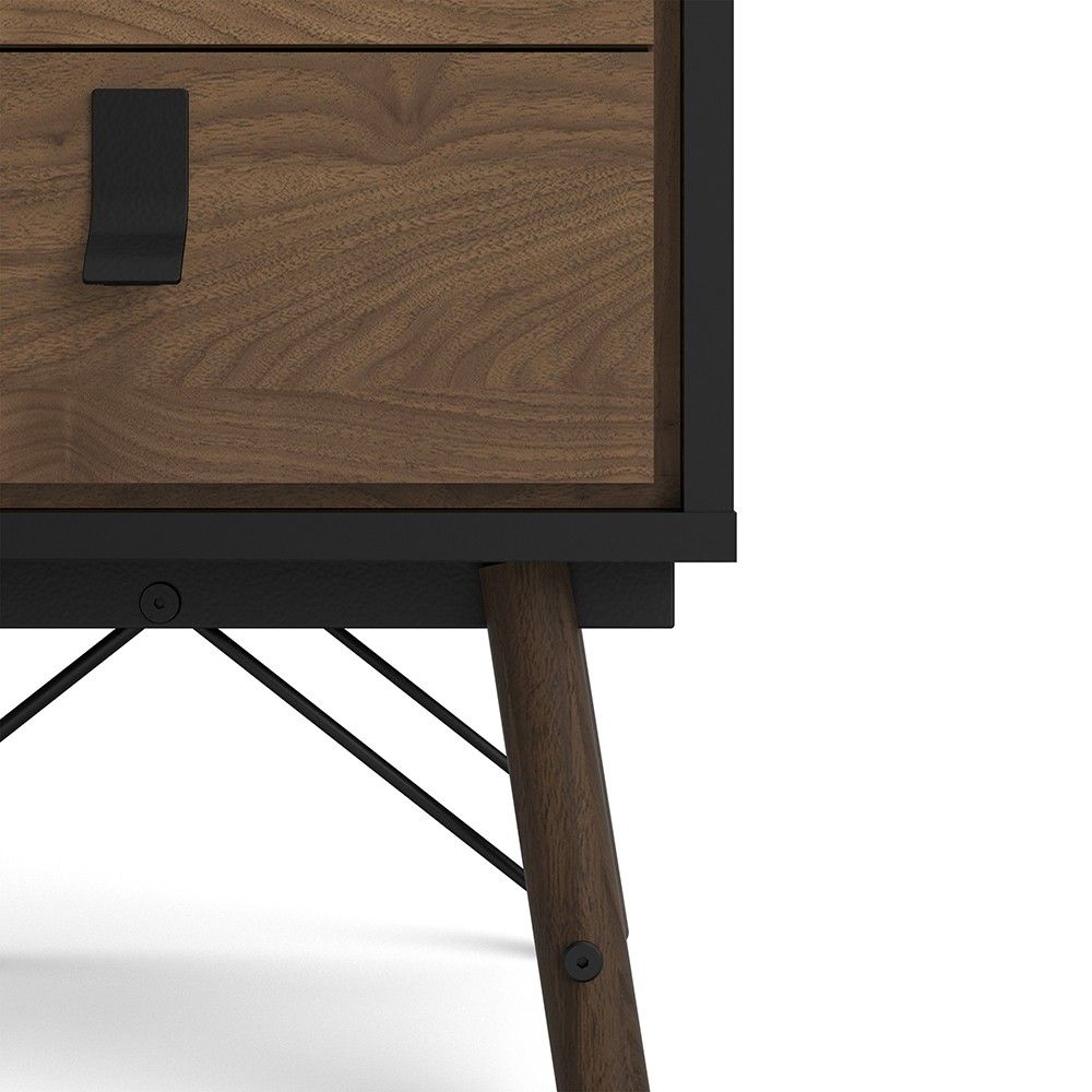 Matt Black Walnut 2 Drawer Bedside Cabinet With Unique Black Handles