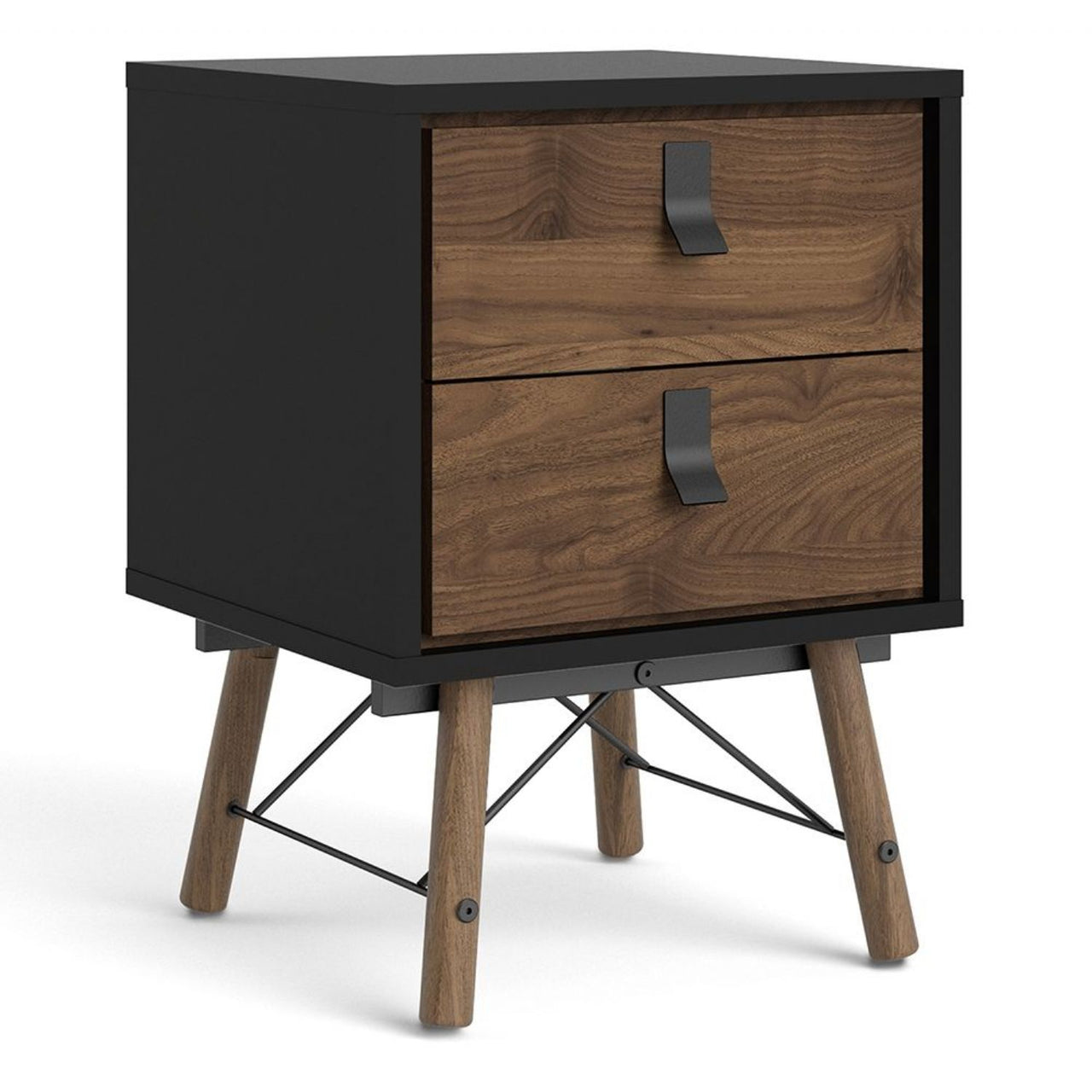 Matt Black Walnut 2 Drawer Bedside Cabinet With Unique Black Handles