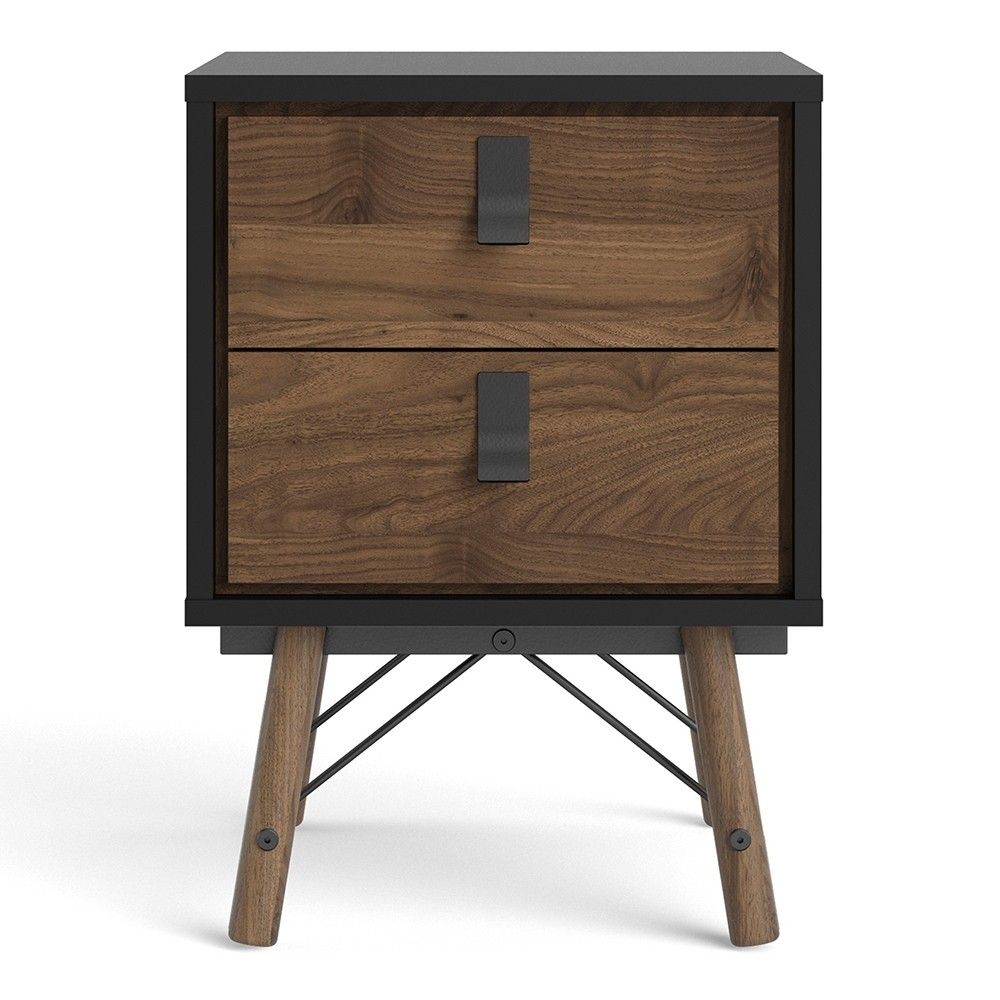 Matt Black Walnut 2 Drawer Bedside Cabinet With Unique Black Handles