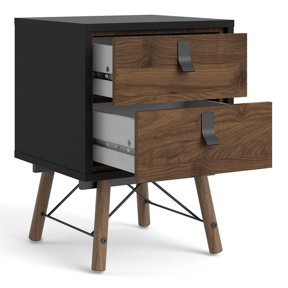 Matt Black Walnut 2 Drawer Bedside Cabinet With Unique Black Handles