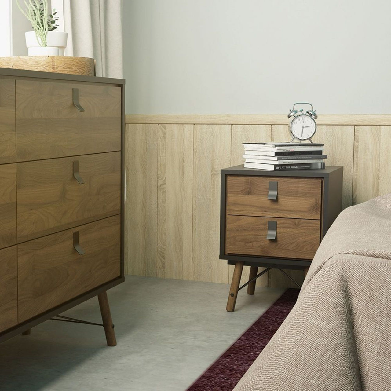 Matt Black Walnut 2 Drawer Bedside Cabinet With Unique Black Handles