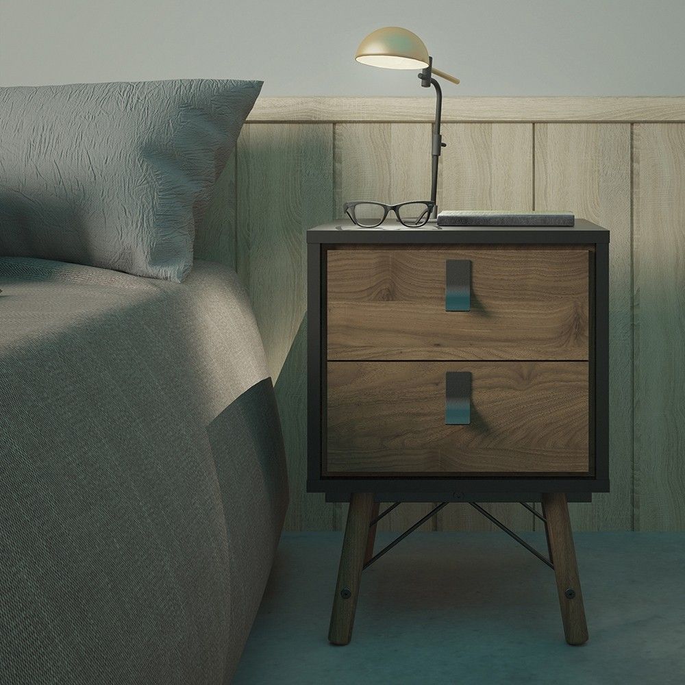 Matt Black Walnut 2 Drawer Bedside Cabinet With Unique Black Handles