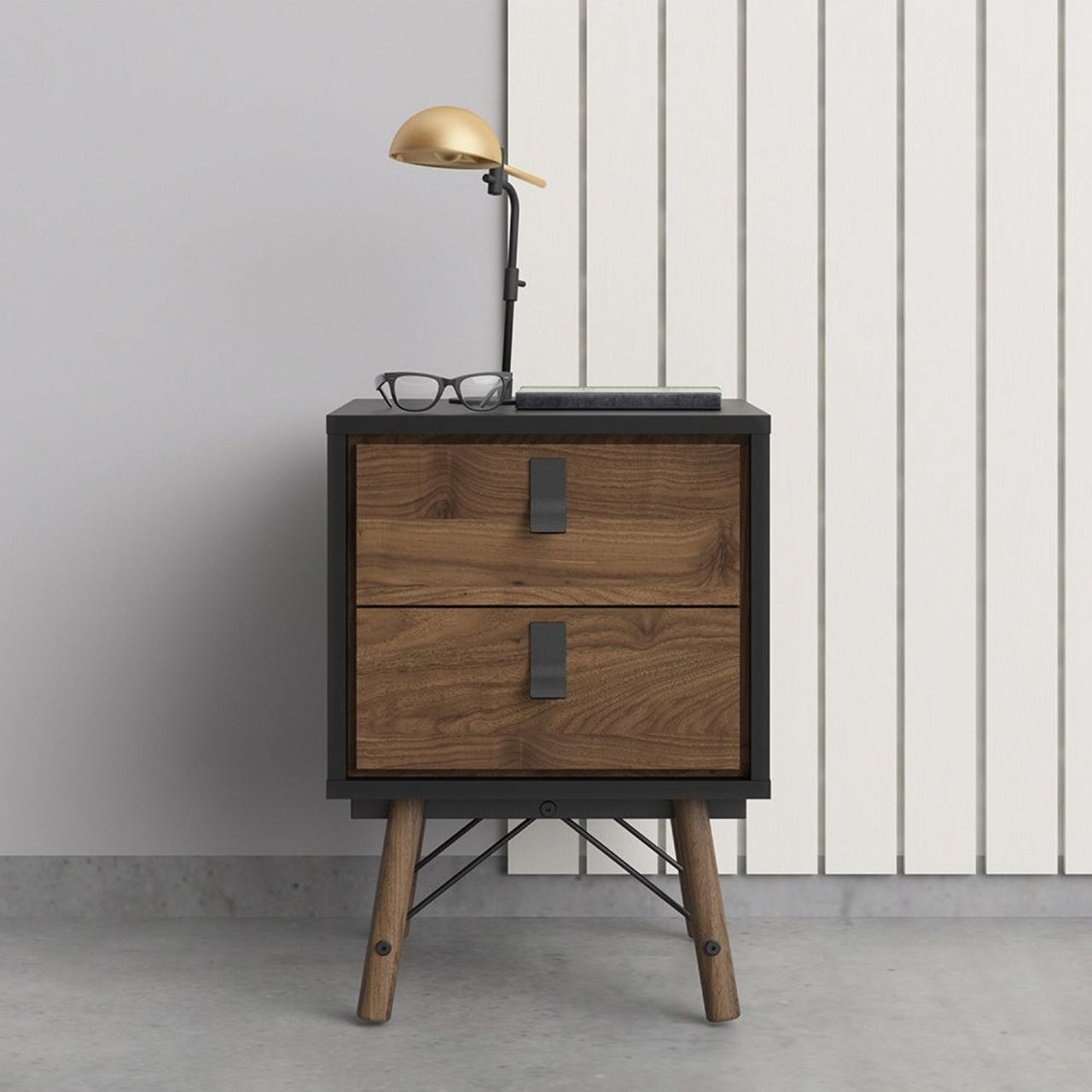 Matt Black Walnut 2 Drawer Bedside Cabinet With Unique Black Handles