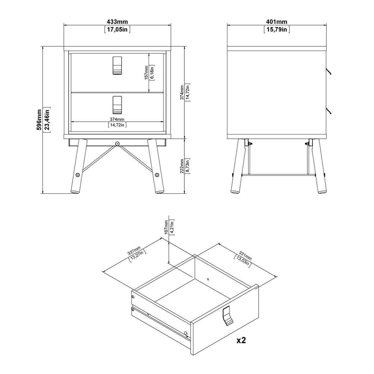 Ry Bedside cabinet 2 drawer Jackson Hickory Oak