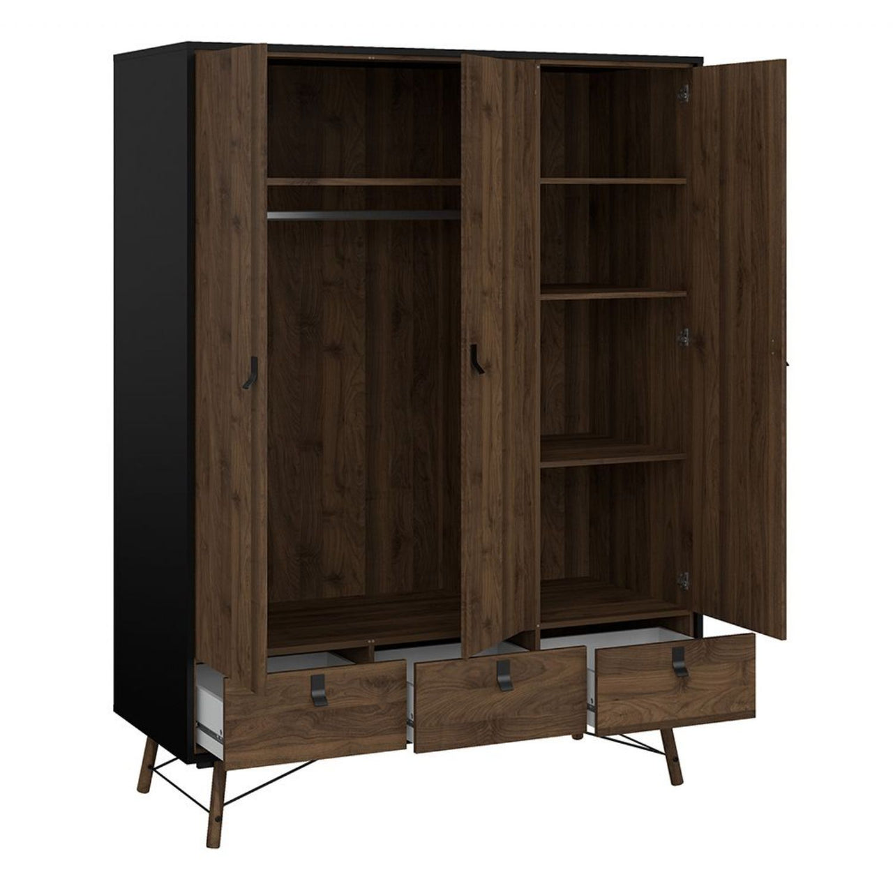 Ry Package Wardrobe 3 doors + 3 drawers + Double chest of drawers 6 drawers + Bedside cabinet 2 drawer in Matt Black Walnut