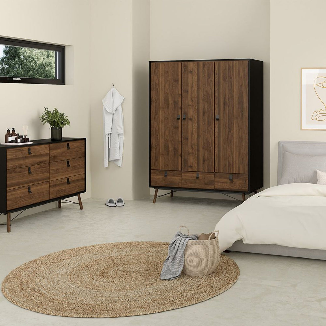 Ry Package Wardrobe 3 doors + 3 drawers + Double chest of drawers 6 drawers + Bedside cabinet 2 drawer in Matt Black Walnut