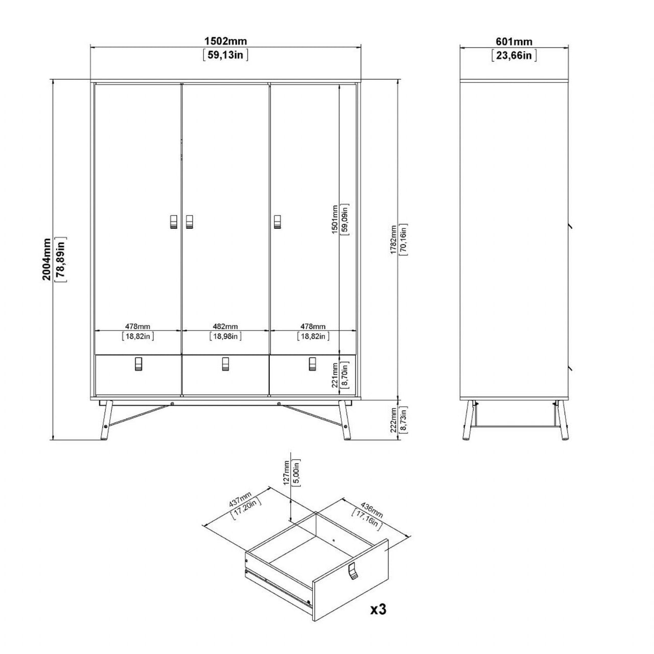 Ry Package Wardrobe 3 doors + 3 drawers + Double chest of drawers 6 drawers + Bedside cabinet 2 drawer in Matt Black Walnut