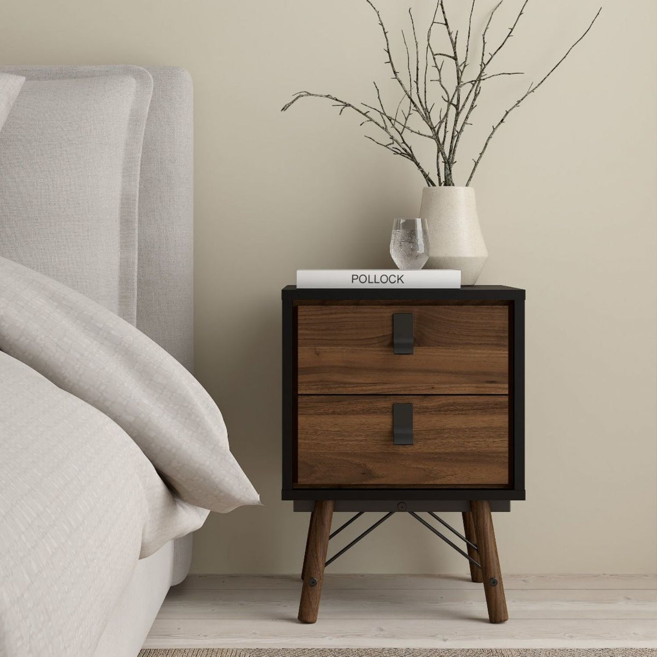 Ry Package Wardrobe 3 doors + 3 drawers + Double chest of drawers 6 drawers + Bedside cabinet 2 drawer in Matt Black Walnut