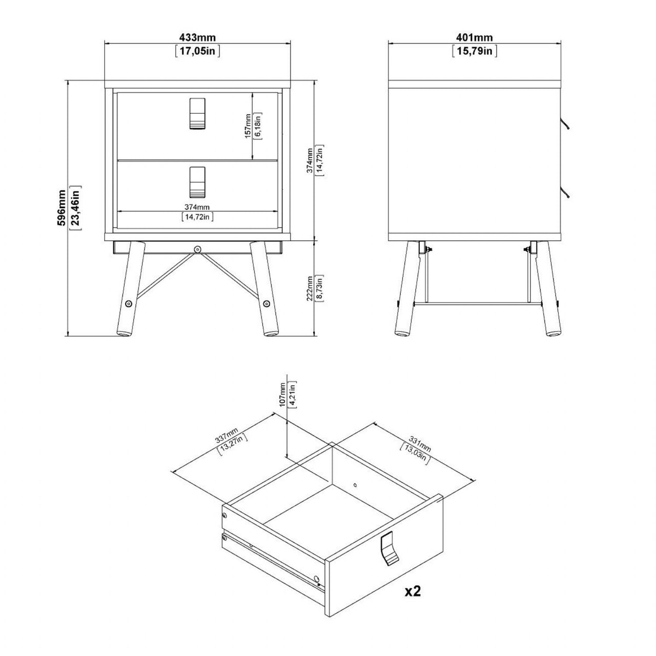 Ry Package Wardrobe 3 doors + 3 drawers + Double chest of drawers 6 drawers + Bedside cabinet 2 drawer in Matt Black Walnut