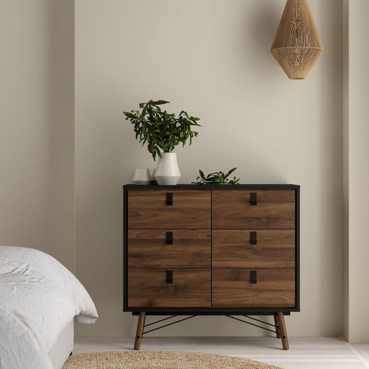 Ry Package Wardrobe 3 doors + 3 drawers + Double chest of drawers 6 drawers + Bedside cabinet 2 drawer in Matt Black Walnut