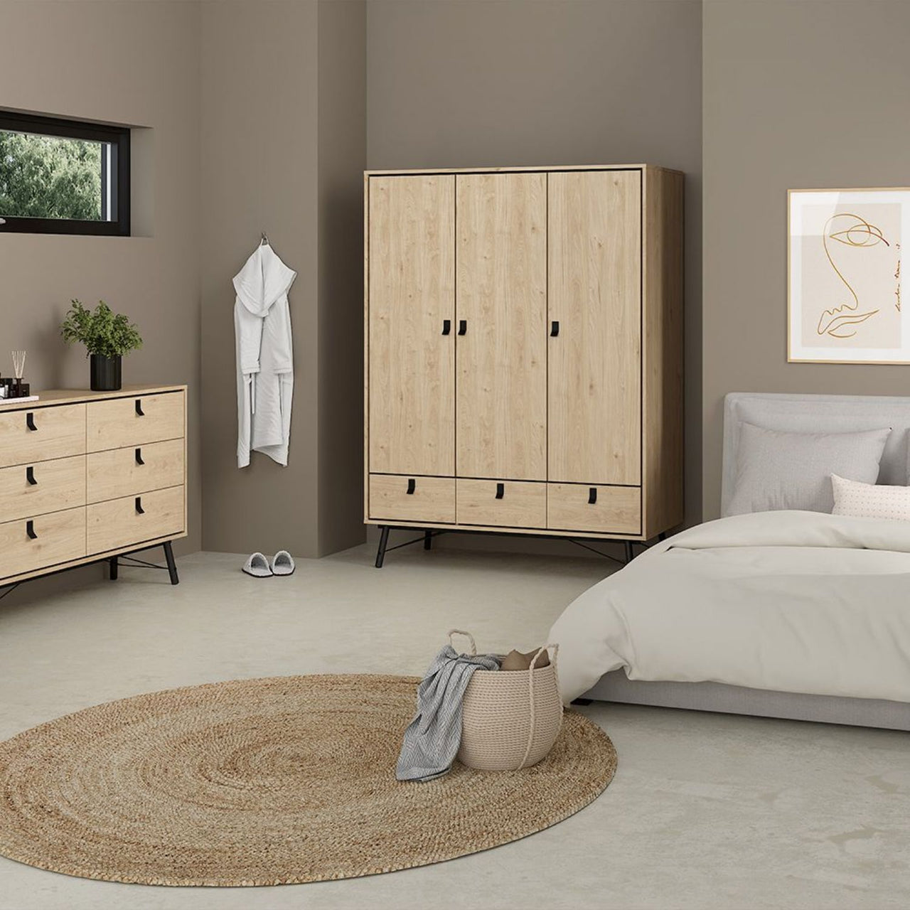 Ry Package Wardrobe 3 doors + 3 drawers + Double chest of drawers 6 drawers + Bedside cabinet 2 drawer in Matt White