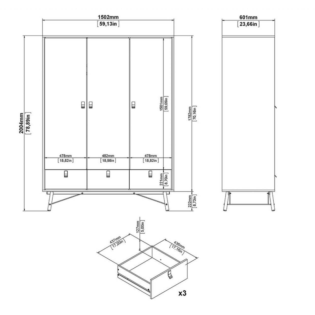 Ry Package Wardrobe 3 doors + 3 drawers + Double chest of drawers 6 drawers + Bedside cabinet 2 drawer in Matt White